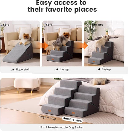 Gardner Pet Dog Stairs for Small Dogs 18.5" H, Small 2 in 1 Transformable 4-Step Pet Stairs and Dog ramp, Steps for Couch with Durable Non-Slip Waterproof Fabric Cover and Soft Foam, Grey