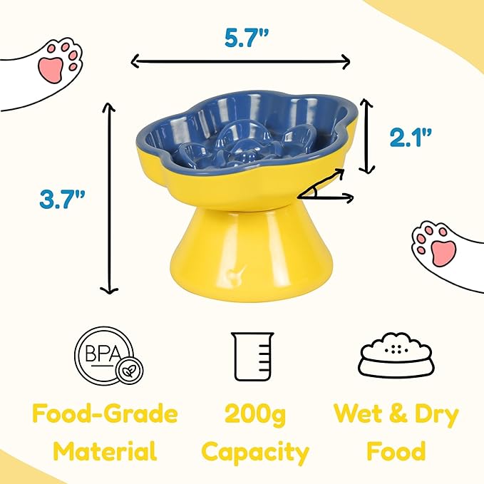 Detachable Slow Feeder Cat Bowl, Unbreakable Elevated Cat Bowls - Heavy Weighted, Non-Slip Raised Slow Feeder, Tilted Small Dogs Slow Feeders Bowl, Dry & Wet Food, Whisker Friendly (Blue, 5.8"