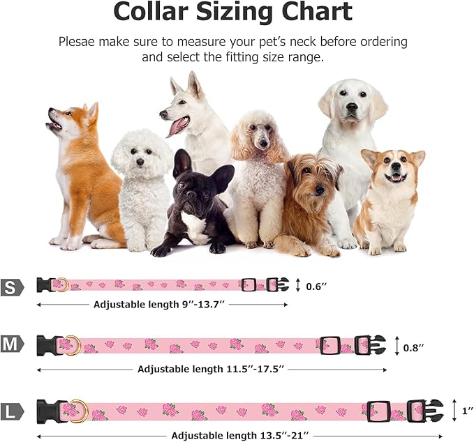 Cotton Handmade Dog Collar Cute and Distinctive Patterns Pink Rose with Pendant for Girl Boy Dogs Collars L