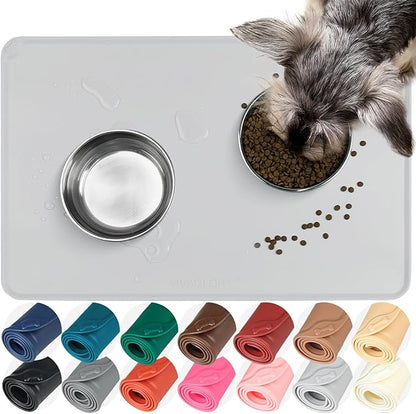 VIVAGLORY Dog Food Mat Flexmat Dog Bowl Mat, Placemat Food Tray with Raised Edges & Lip for Indoor Floor, Non Slip Waterproof Silicone Dish Placemat for Cat & Pet, L, Light Grey