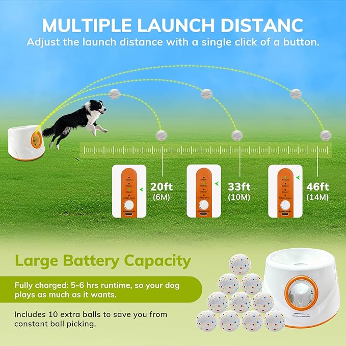 Automatic Dog Ball Launcher for Small/Medium Dogs - Small Silent Design, 3 Distance Settings (20ft/33ft/46ft), Rechargeable, 10 Durable 2.3" Balls Included (Dog Ball Launcher-Orange)