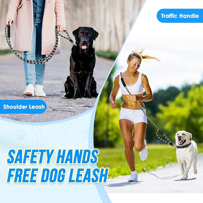 Lukovee Hands Free Dog Leash, 10FT Adjustable Training Lead 1/2 Inch Nylon Heavy Duty Lead No Pull for Large Medium Dogs, Tangle Free Reflective Waist-Leash for Walking Running(Xie-Black, plus Handle)