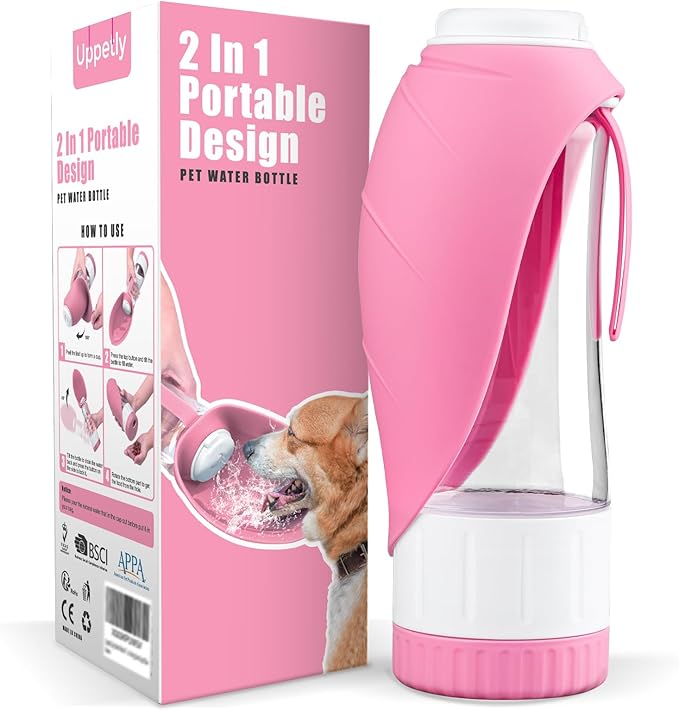 Uppetly Dog Water Bottle, Pet Water Bottle with Food Container and Drinking Feeder, Leak Proof, BPA-Free, Portable Foldable Puppy Water Cup Dispenser for Outdoor Walking, Travel, Hiking Large Pink