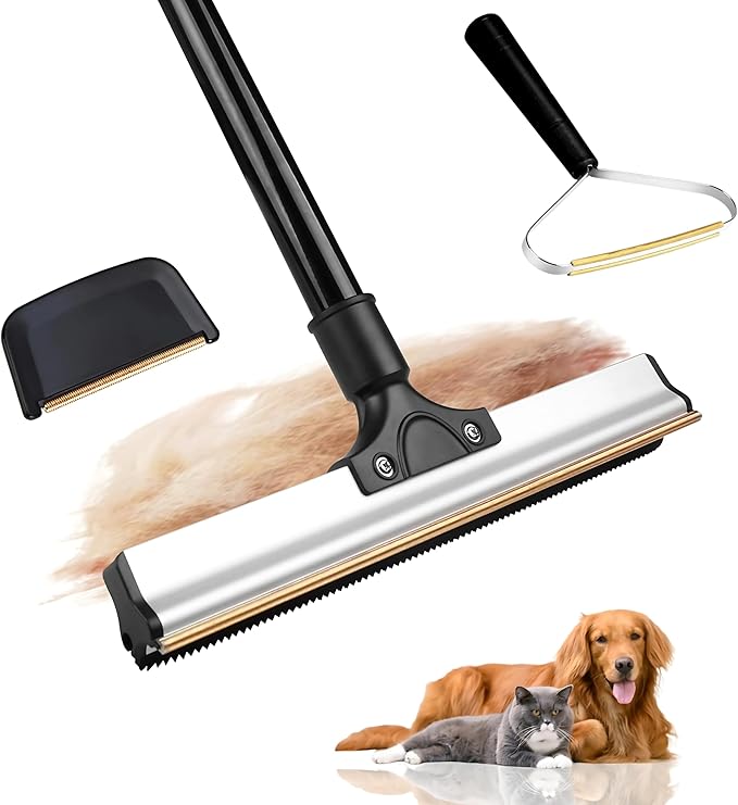 2025 Dual-Edge Carpet Rake for Pet Hair Removal & Fluffing Matted Carpet – 61" Adjustable Handle, Deep Clean Dog & Cat Hair Remover, Reusable Scraper for Rugs, Low Pile Carpet, Couch & Stairs (Set 3)