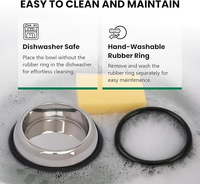 Iconic Pet 8 Cup/64 Oz Heavy Weight Non-Skid Stainless Steel High Back Pet Food/Water Bowls with Removable Anti Skid Rubber Ring - Dog/Cat Feeding Bowl in Unique Design, Dishwasher Safe