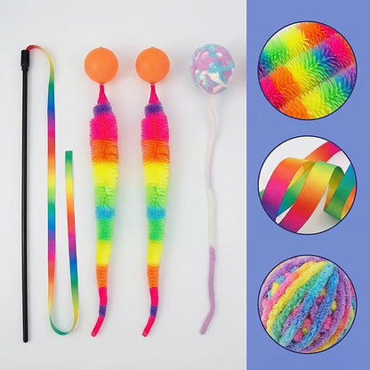 Premium Cat Exercise Wand Kit - 5 Pack Rainbow Rope Set with Dual Wool Balls & Bouncy Attachments for Indoor Cats & Kittens