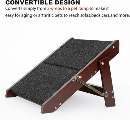 MEWANG Wooden Pet Stairs/Pet Steps - 2-in-1 Foldable Stairs & Ramp for Beds and Cars - Portable Dog/Cat Ladder Up to 110 Pounds - Great for Small and Older Animals(Brown) (17.3" L x 17.24" W x 13" H)
