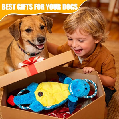 Interactive Squeaky Dog Chew Toy, Tough Plush Dog Toys for Chewers, Small, Medium & Large Dogs, Plush with Double Rope Handles for Tug of War, Mess-Free, Blue