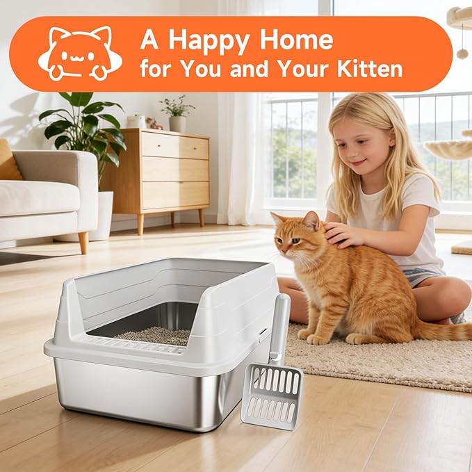 Stainless Steel Cat Litter Box, Odor Free Metal Litter Box with High Sides Lid, Open Top Low Entry Litter Pan Include Scoop Easy Cleaning Anti-Scratch Kitty Cat Box Anti-Urine Leakage, Non-Sticky, M