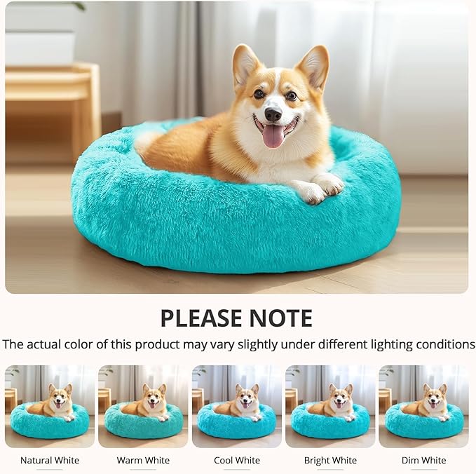 JOLLYVOGUE Calming Dog Bed Medium Size Dog, 31in Donut Washable Medium Pet Bed, Anti-Slip & Anti-Anxiety Fluffy Faux Fur Round Dogs Bed, Fits up to 45 lbs Pets (Aqua Blue)