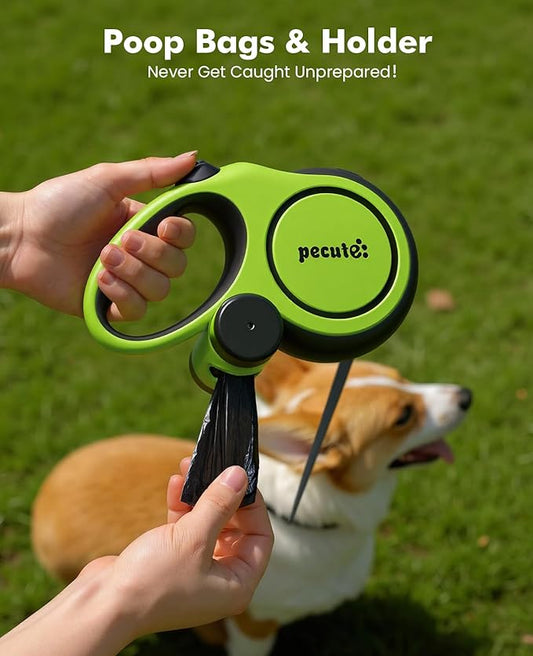 Pecute 16ft Retractable Dog Leash with 18'' Chew Proof Steel Cable for Power Chewers & Pullers, Heavy Duty Locking for Medium/Large Dogs 33lbs-110lbs, Anti-Tangle & Poop Bag Holder Included(Green)