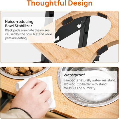 Adjustable Height Pet Feeder Stand with 2 Dishwasher-Safe Stainless Steel Bowls – Natural Wood Top & Black Metal Frame Elevated Food/Water Station for Dogs/Cats Under 66LBS