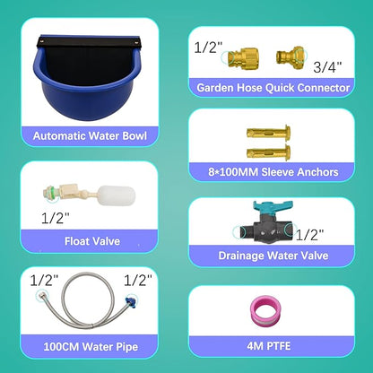 Automatic Dog Water Dispenser with Drain Valve, 1 Gallon Outdoor Auto Water Dog Bowl with Float Valve, Automatic Chicken Waterer with Hose Quick Connector, for Horse, Poultry (Blue)