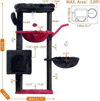 Heybly Cat Tree, 39.4 Inches Gothic Tower Condo with Scratching Post, Cat Tower for Indoor Cats, Fully Wrapped Sisal Pole, Soft Platform, 2 Baskets and Dangling Toy, Black and Red HCT006SBR