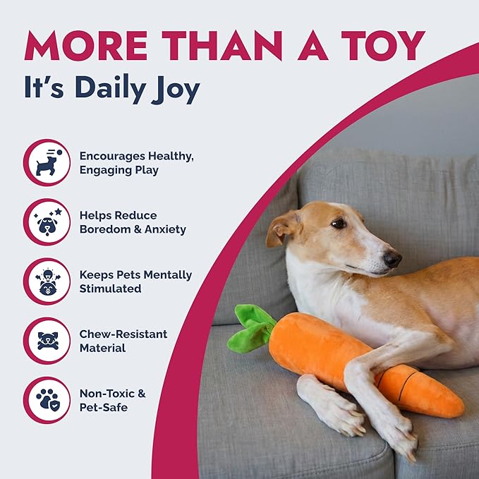 Pet Lou 15 Inch Carrot Plush Dog Toy for Soft Chewers – Durable Squeaky & Crinkle, Anti Boredom Chew Toy for Dogs, Cute Soft Stuffed Calming Indoor Pet Toy for All Dog Breeds