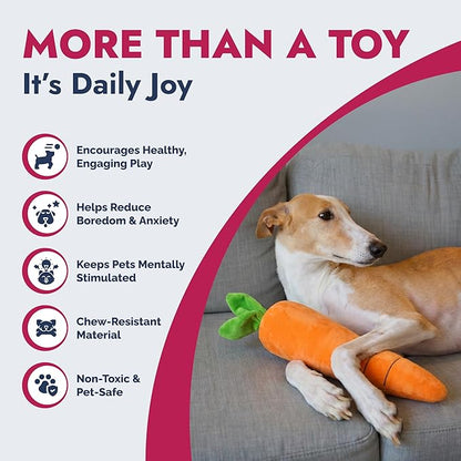 Pet Lou 15 Inch Carrot Plush Dog Toy for Soft Chewers – Durable Squeaky & Crinkle, Anti Boredom Chew Toy for Dogs, Cute Soft Stuffed Calming Indoor Pet Toy for All Dog Breeds