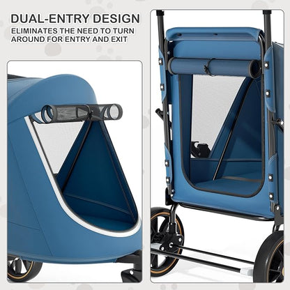 MoNiBloom Pet Stroller for Large Dogs or Multiple Dogs Cats with Adjustable Handle, 3-Wheels Dual Entry Portable Dog Carting Easy Folding Pet Wagon Double Dog Stroller up to 55 lbs, Navy Blue