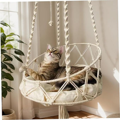 Macrame Cat Hammock with Tassel & Roped Ball, Boho Tilted Swing Bed for Indoor Cats/16x51 Inch