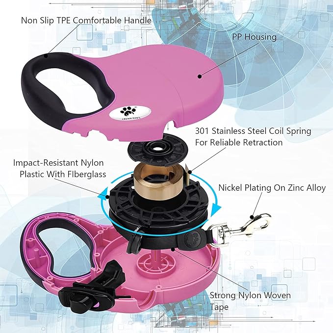 16 ft Retractable Dog Leash for Large Dogs up to 44 lbs,Tangle-Free Nylon Tape,Pink M