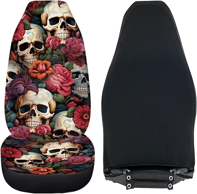 Floral Skull Car Seat Covers for Front Seats SUV Truck Van Sedans Bucket Seat Covers for Women Men, Washable and Breathable Car Accessories Seat Protector