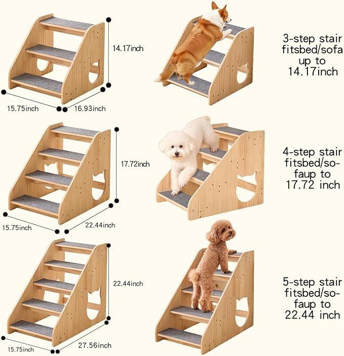 Dog Stairs for Small Medium Large Dogs 17.72" H Load Capacity 150lbs Solid Wood Non-Slip Sturdy Pet Steps for Bed & Couch 4 Step 15.75 * 22.44 * 17.72"