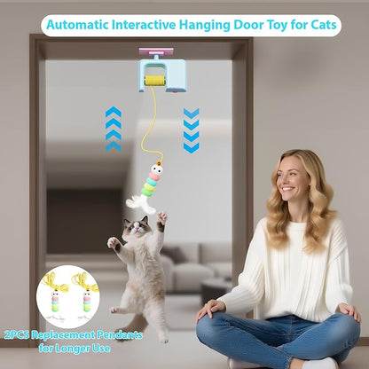 Interactive Cat Toy for Indoor Cats Adult Kitten, Automatic Door Hanging Cat Toy with Feathers and Bells for Door Frame Wall Ceiling, Self Play Retractable Cat Enrichment Toy for Bored Cats