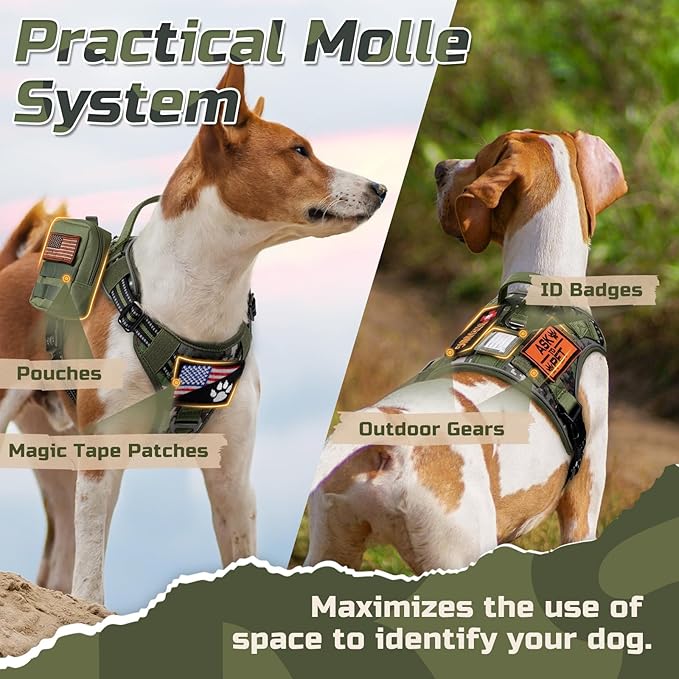 rabbitgoo Tactical Dog Harness for Large Dogs, No Pull Military Service Vest with Handle & Molle, Easy Control for Training Walking, Adjustable Reflective Straps, Green camo, XL