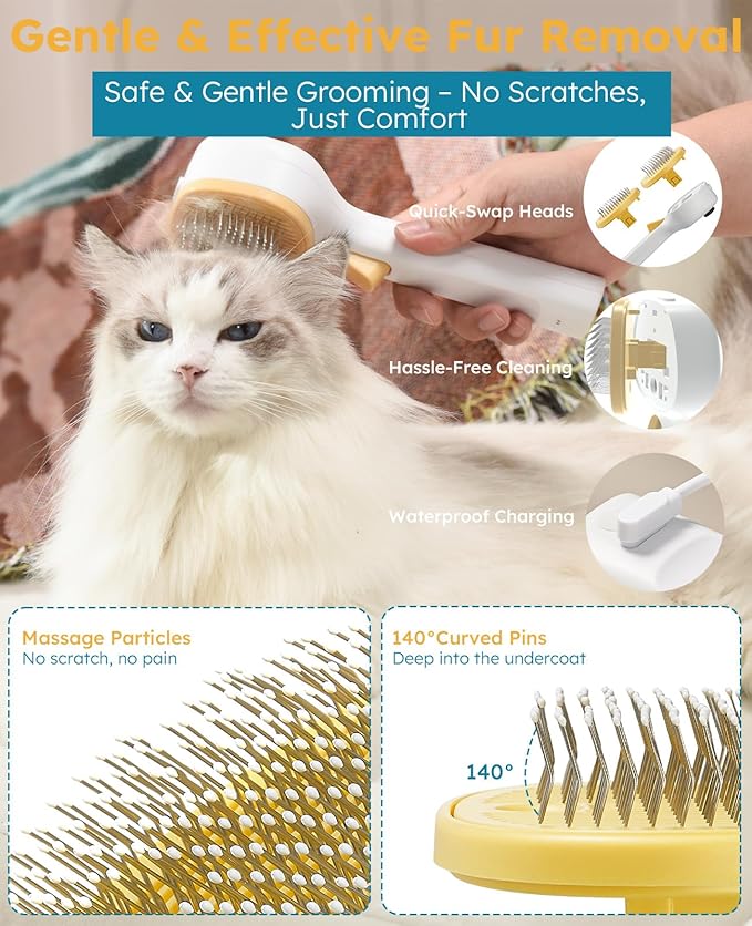 Cat Steam Brush for Cats & Dogs, Pet Steam Brush 3-in-1 with 2 Mist Modes, One-Touch Self Cleaning, Magnetic Safe Charging, Cat Hair Brush for Shedding, Dog Brush for Shedding, Yellow