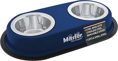 Master Pet Supply Double Dog Bowls Set with Elevated Base and 2 (8 oz) Stainless Steel Removable Dishes (Navy Blue) – Double Cat Food Water Bowl, Dog Puppy Food Bowl Set, Rust Resistant