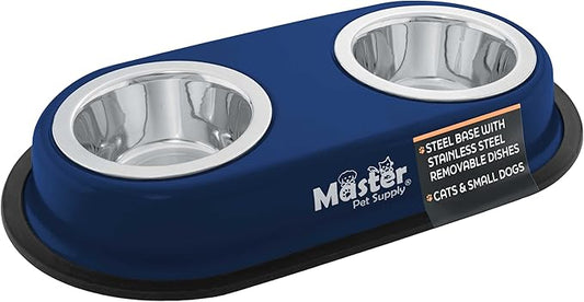 Master Pet Supply Double Dog Bowls Set with Elevated Base and 2 (8 oz) Stainless Steel Removable Dishes (Navy Blue) – Double Cat Food Water Bowl, Dog Puppy Food Bowl Set, Rust Resistant