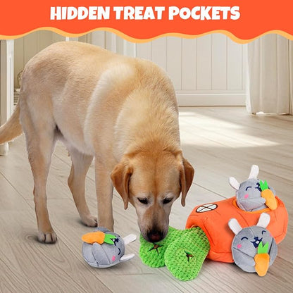 Hide and Seek Squeaky Dog Plush Toy Carrot and Bunny Set, 4 Pack Dog Puzzle Toys for Training and Cleaning, Interactive Tough Dog Toy for Small Medium Dogs