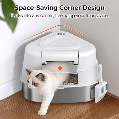 XXL Stainless Steel Corner Cat Litter Box with Lid - Sturdy, No Odor & Space-Saving Hidden Design for Large Cats, White