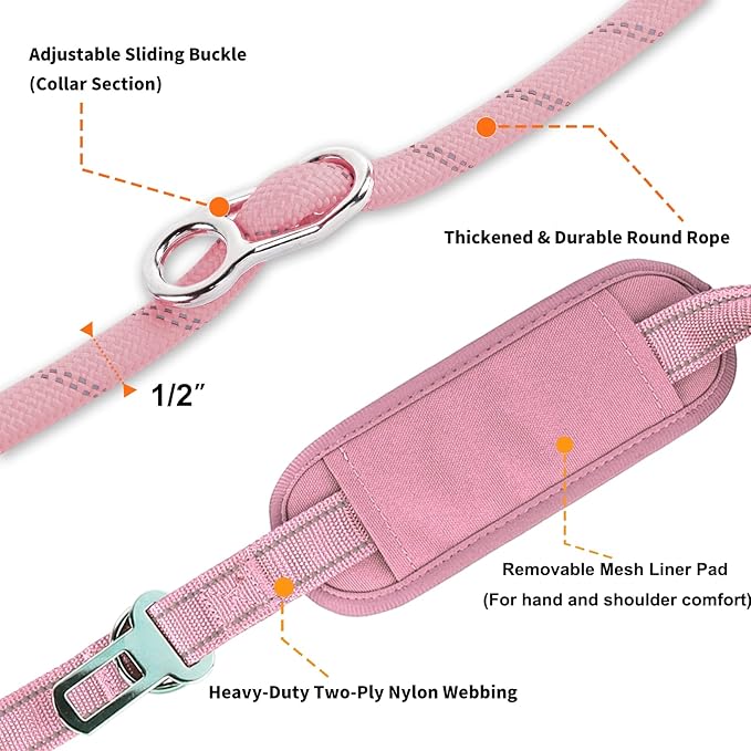 10FT Hands Free Dog Leash for Small Medium Large Dogs, Heavy Duty Reflective Dog Leash with Traffic Handle, Seat Belt Buckle & Poop Bag Holder (Pink)