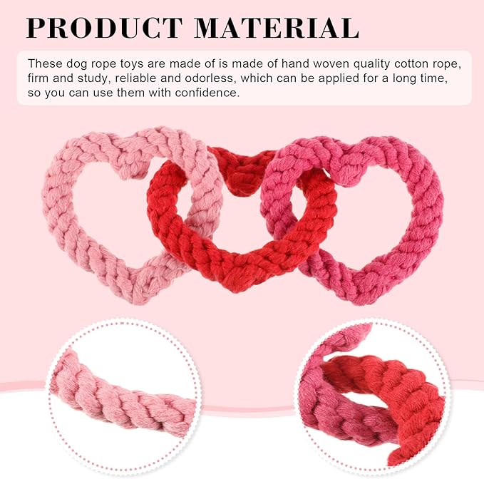 Zhanmai 3 Pieces Valentine's Day Interlocking Heart Rope Colorful Valentine Dog Toy Cotton Dog Rope Chewing Toys for Puppies Dogs Chew Toys for Small Medium Dogs, Pink and Red