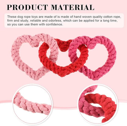 Zhanmai 3 Pieces Valentine's Day Interlocking Heart Rope Colorful Valentine Dog Toy Cotton Dog Rope Chewing Toys for Puppies Dogs Chew Toys for Small Medium Dogs, Pink and Red