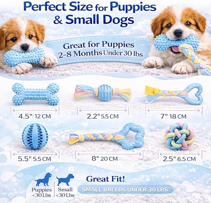 Chew Toys for Small Dogs – 6 Pack Teething Set, Soft Rubber, Eco-Friendly, Teeth Cleaning, Interactive Blue Dog Toys