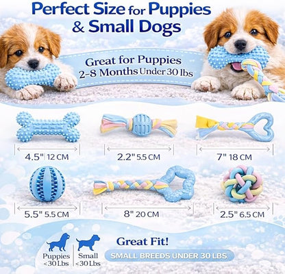 Chew Toys for Small Dogs – 6 Pack Teething Set, Soft Rubber, Eco-Friendly, Teeth Cleaning, Interactive Blue Dog Toys