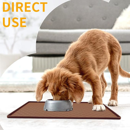 Ptlom Dog Food Mat Anti-Slip Bowl Mats for Food and Water, Waterproof Silicone Pet Placemat with High Raised Edges, Non-Slip Puppy Feeding Tray for Small, Medium Large Cats Dogs, Brown, 24.5" 16.5"