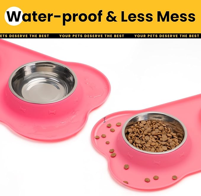 Dog Bowls with Silicone Feeding Mat,No Spill Food Water Dish Set,Dishwasher Safe,2 Stainless Steel Puppy Bowls with Dogs Bandanas,Suitable for Tiny Pets Under 8lbs,Extra Small,Pink