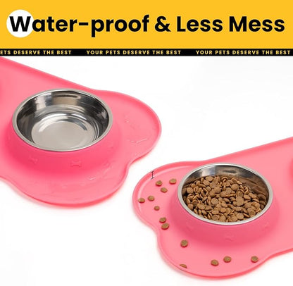 Dog Bowls with Silicone Feeding Mat,No Spill Food Water Dish Set,Dishwasher Safe,2 Stainless Steel Puppy Bowls with Dogs Bandanas,Suitable for Tiny Pets Under 8lbs,Extra Small,Pink