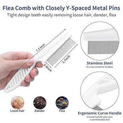 Dog Brush Grooming Kit 5 PCS - Self Cleaning Slicker Brush for Shedding Short Long Haired Dogs & Cats, Includes Pet Comb, Flea Comb, Bath Brush, Undercoat Rake - Complete Fur Care Set - Gray