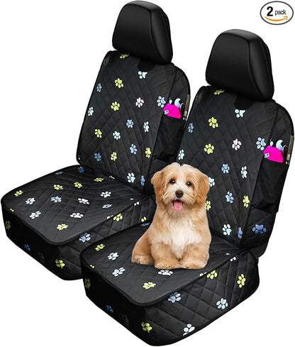 2pcs Dog Car Seat Cover for Front Durable Colored Paw Prints Waterproof Protector Against Dirt Scratch Proof Non Slip Padded Quilted Front Seat Covers for Dog for Cars, Trucks and SUV, Black