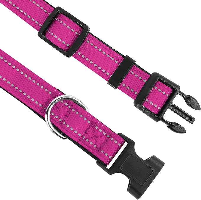 Reflective Dog Collar, Adjustable Soft Neoprene Padded Nylon Pet Collars with Buckle for Medium Dogs, Rose Red,M