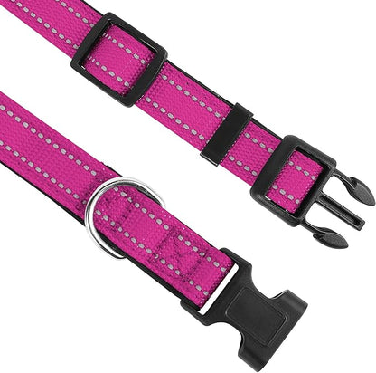 Reflective Dog Collar, Adjustable Soft Neoprene Padded Nylon Pet Collars with Buckle for Large Dogs, Rose Red,L