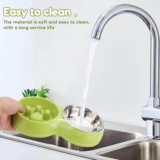 Pets Double Slow Feeder Bowls, Cats & Dogs Food Water Bowls, Stainless Steel Puppy Food and Water Dishes Non-Skid, Pet Feeding Bowl for Small Dogs Puppy Cat (Green)