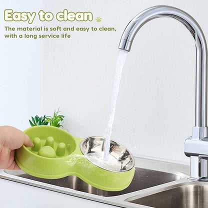 Pets Double Slow Feeder Bowls, Cats & Dogs Food Water Bowls, Stainless Steel Puppy Food and Water Dishes Non-Skid, Pet Feeding Bowl for Small Dogs Puppy Cat (Green)