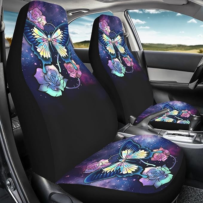 Galaxy Blue Butterfly Print Car Seat Covers for Women,Universal Front Seats Protector Fit for Car,SUV Sedan,Truck,Easy to Install