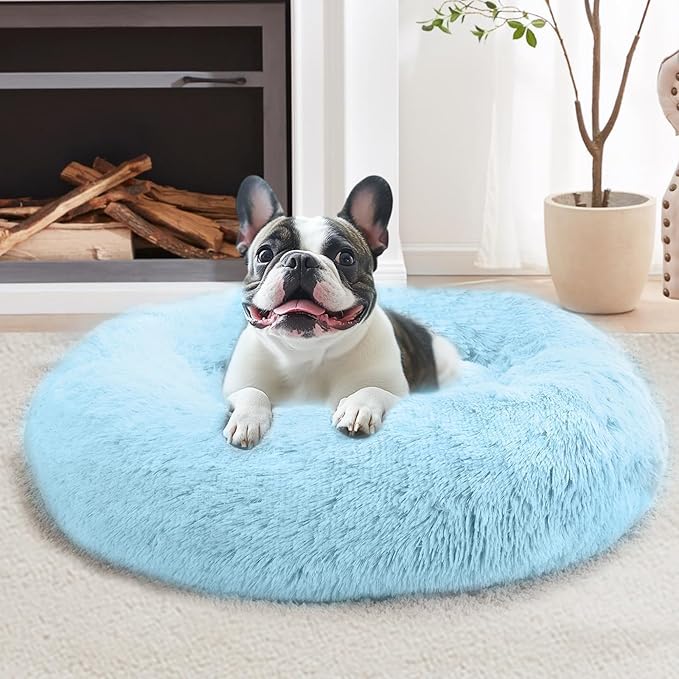 JOLLYVOGUE Calming Dog Bed Medium Size Dog, 31in Donut Washable Medium Pet Bed, Anti-Slip & Anti-Anxiety Fluffy Faux Fur Round Dogs Bed, Fits up to 45 lbs Pets (Light Blue)