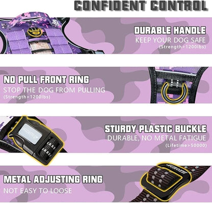 AUROTH Tactical Dog Harness for Small Medium Large Dogs No Pull Adjustable Pet Harness Reflective Working Training Easy Control Pet Vest Military Service Dog Harnesses (S, Purple Camo)