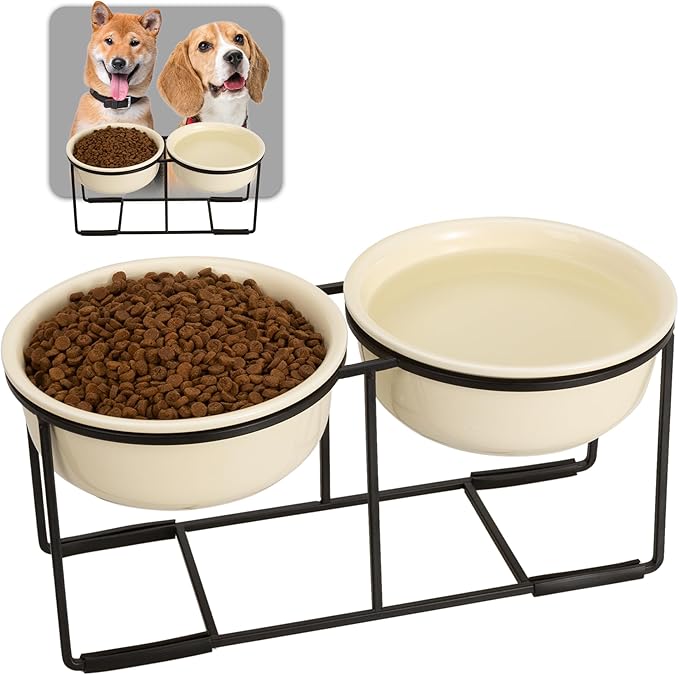 Ceramic Elevated Dog Bowl Set - Raised Food and Water Bowls with Metal Stand - Double Pet Dishes for Small and Medium Dogs - 2 Cups - 27 fl oz - Beige